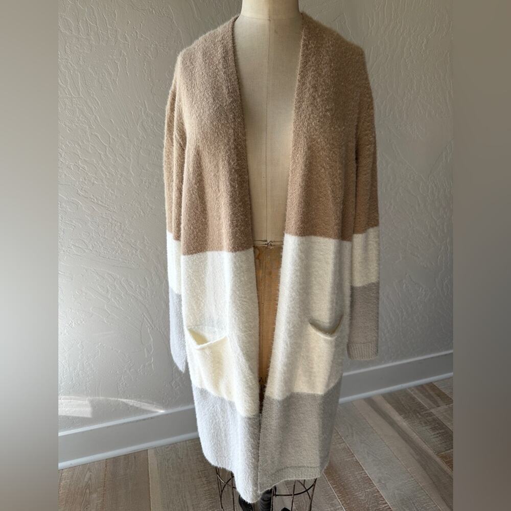 Lagenlook Womens Neutral Color Long Sleeve Colorblock Stripe Open Cardigan Small